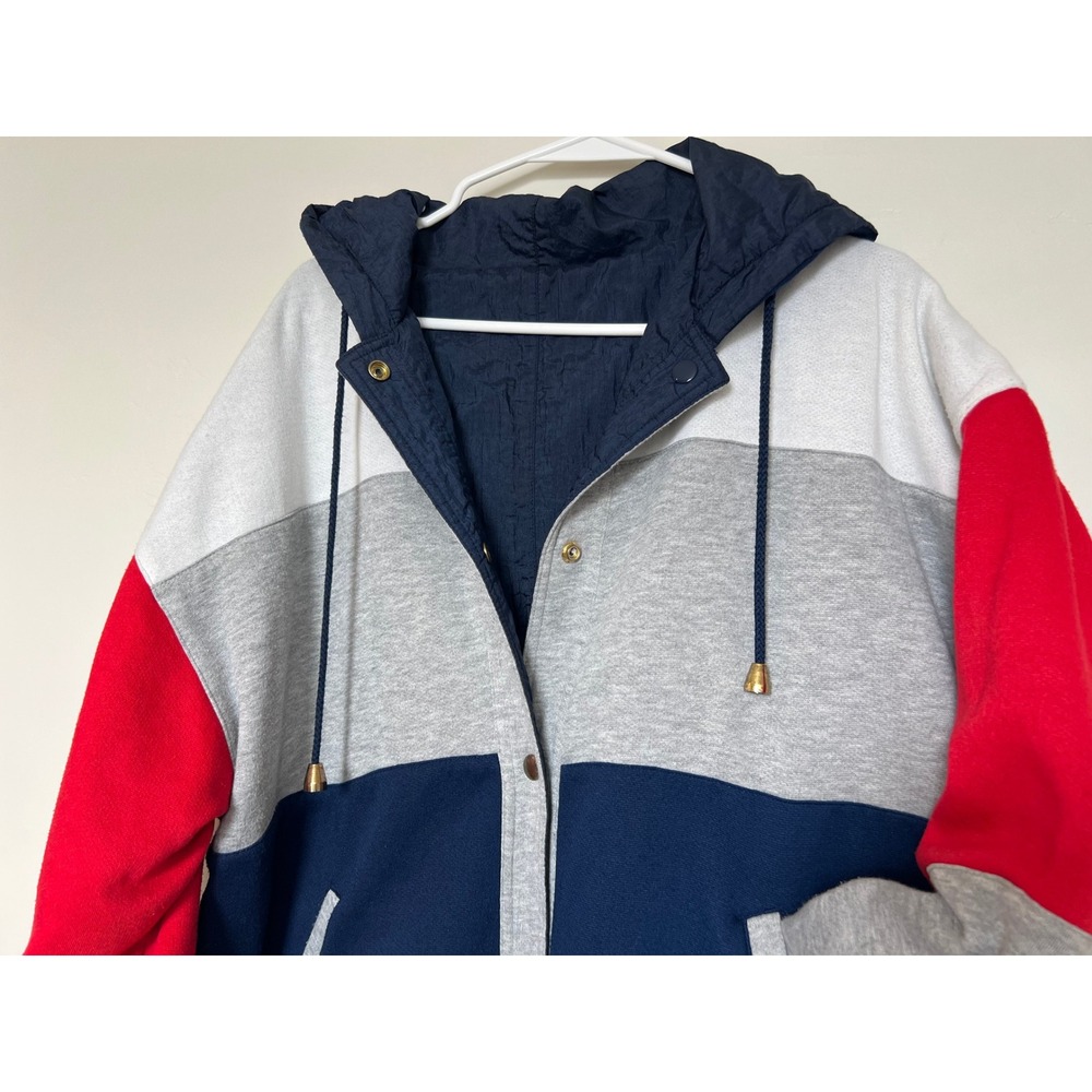 Vintage 90s Hooded Windbreaker Jacket Reversible Blue Gray Red White Size Medium